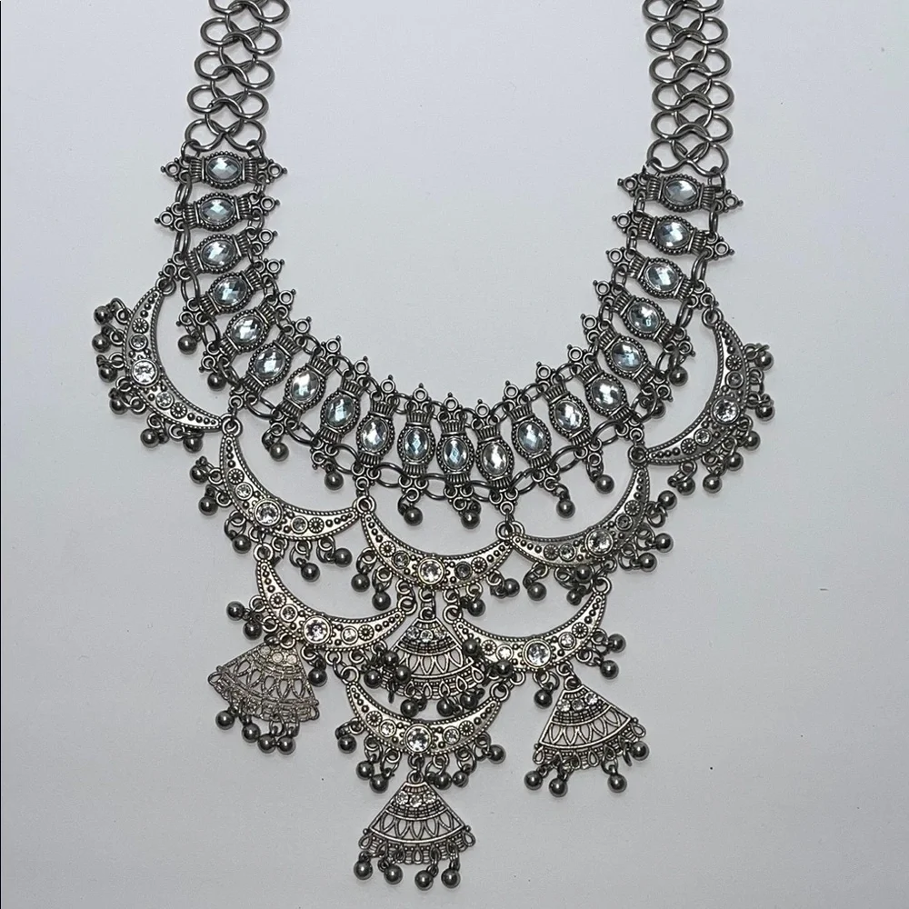Silver Tone Statement Necklace with rhinestones and dangling beads - Picture 6 of 11